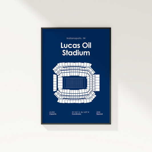 Framed poster of Lucas Oil Stadium with seating diagram on a blue background