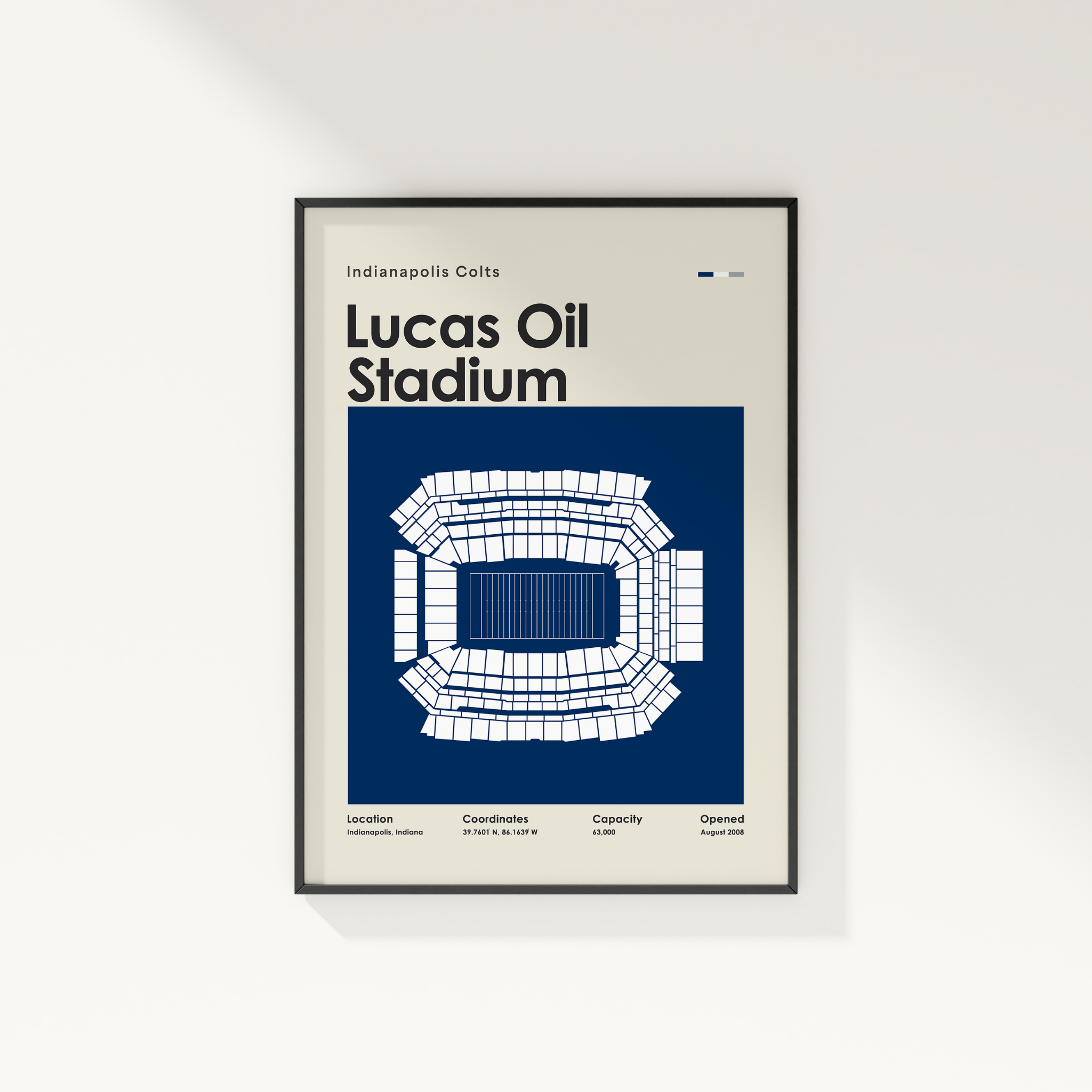 Framed poster of Lucas Oil Stadium with seating chart and text on a white background