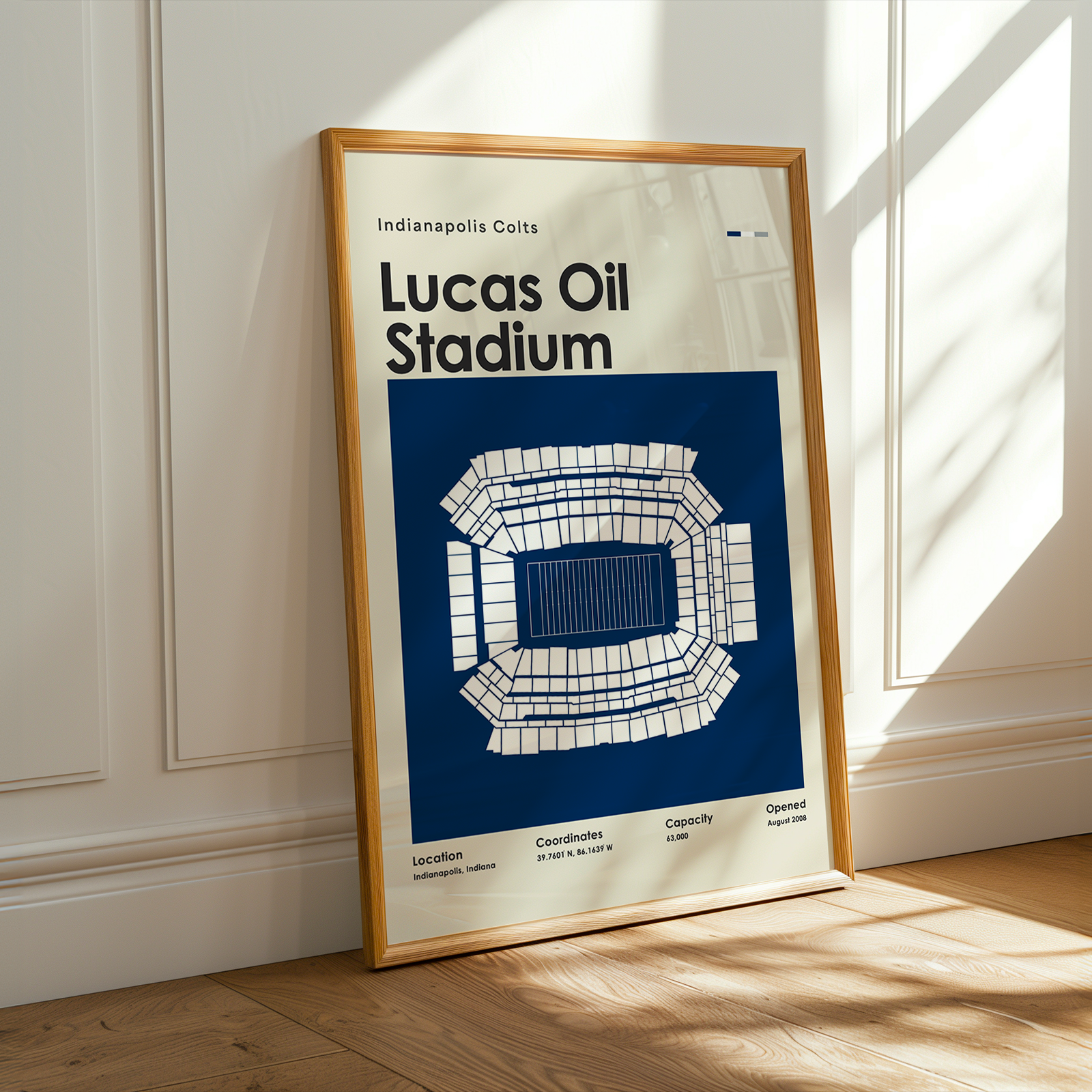 Framed poster of Lucas Oil Stadium with Indianapolis Colts branding on a wall.