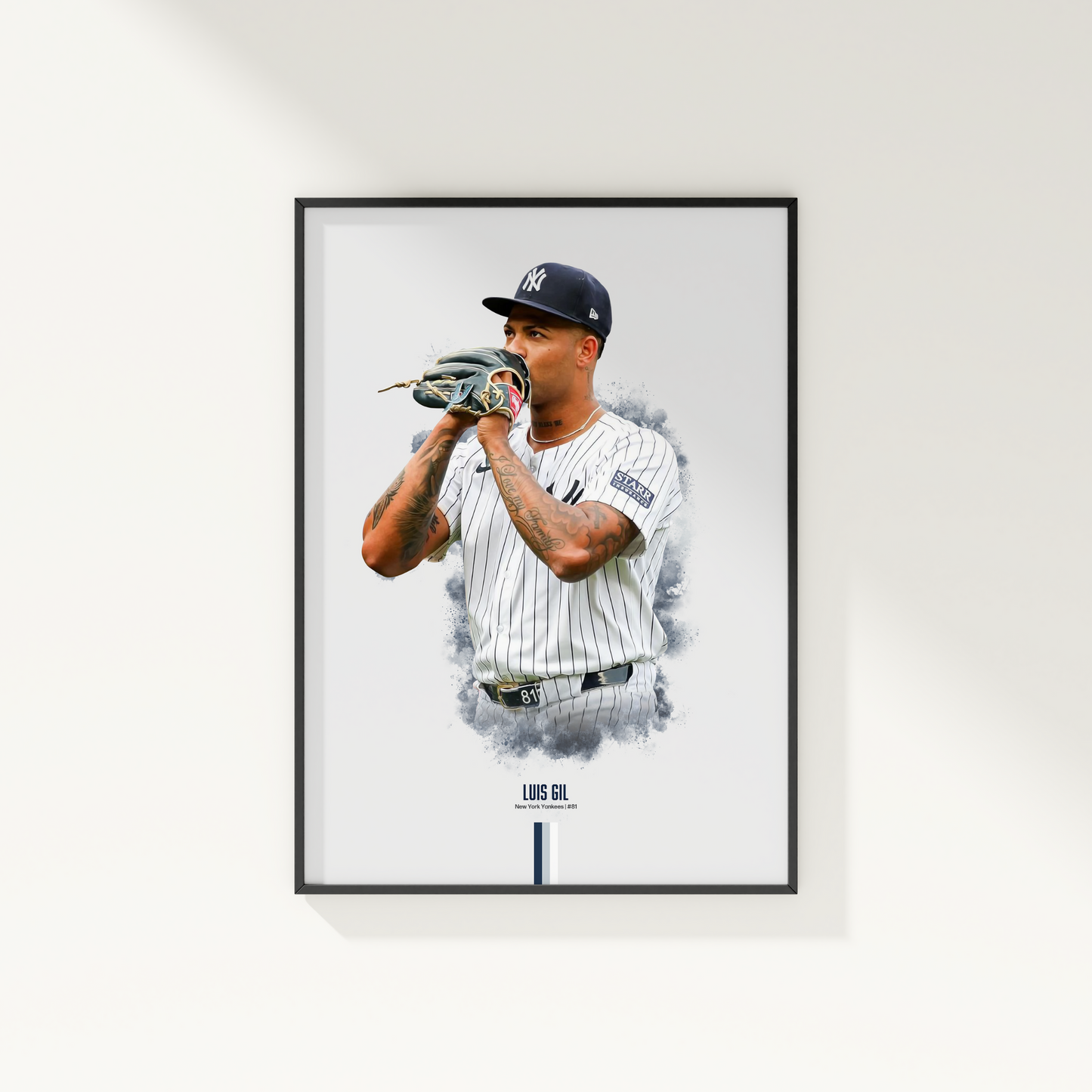 framed poster mockup of baseball player luis gil hanging on a white wall