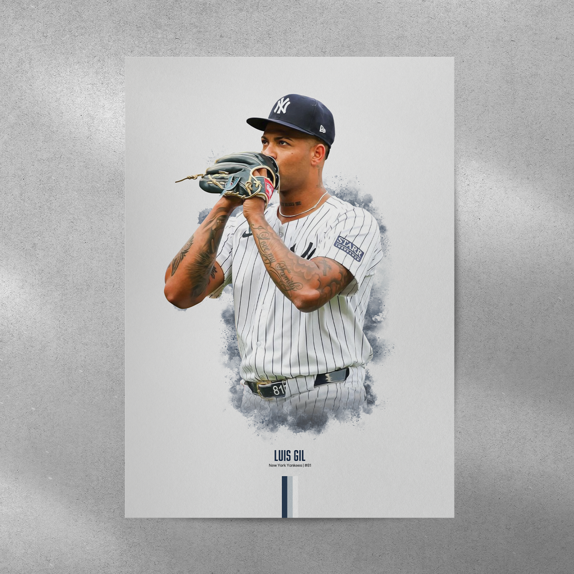 poster mockup of baseball player luis gil on a grey wall