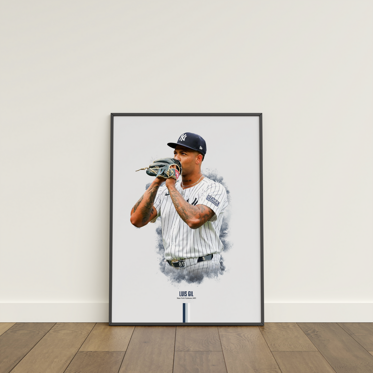 framed poster mockup of baseball player luis gil leaning on a white wall