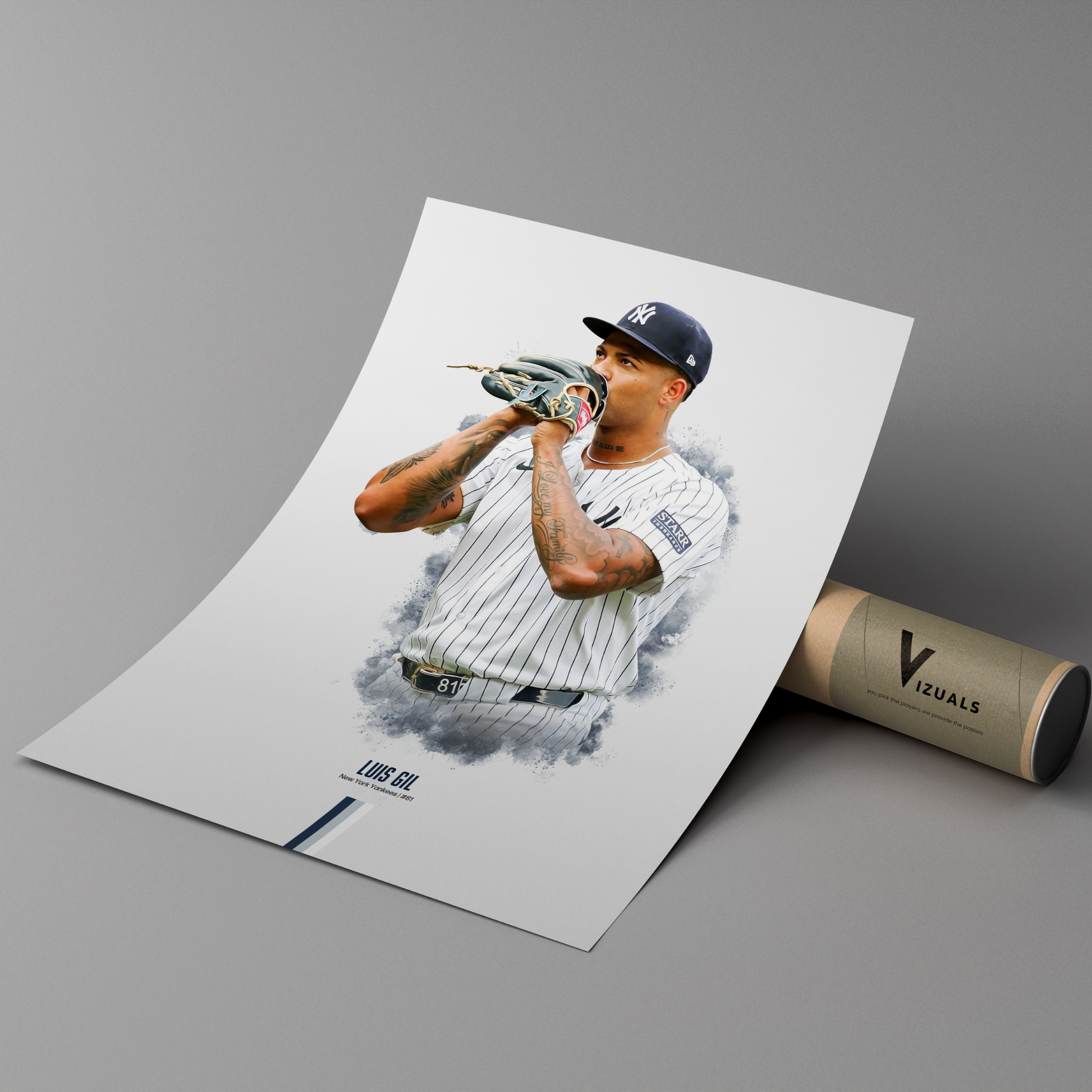 poster mockup of baseball player luis gil leaning on a cardboard tube