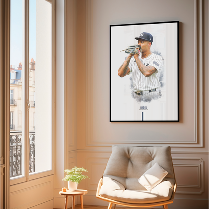 framed poster mockup of baseball player luis gil hanging in a living room