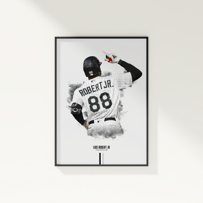 framed poster mockup of baseball player luis robert jr hanging on a white wall