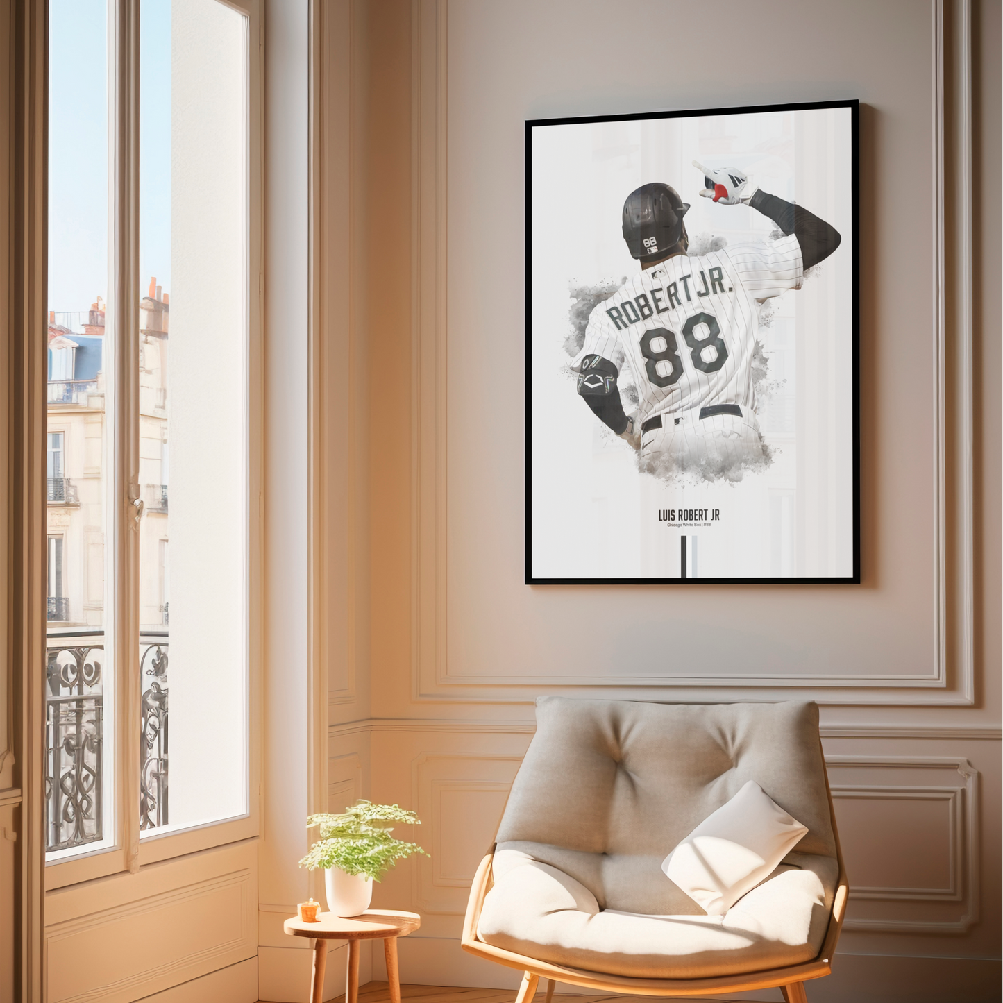 framed poster mockup of baseball player luis robert jr hanging in a living room