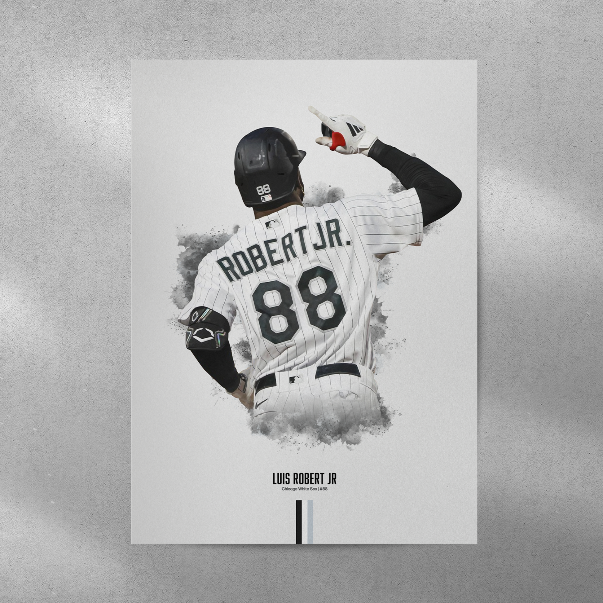 poster mockup of baseball player luis robert jr on a grey wall