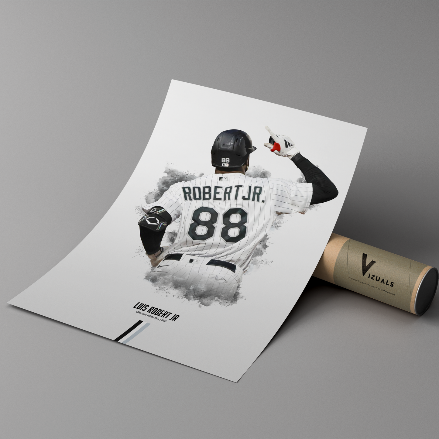 poster mockup of baseball player luis robert jr leaning on a cardboard tube