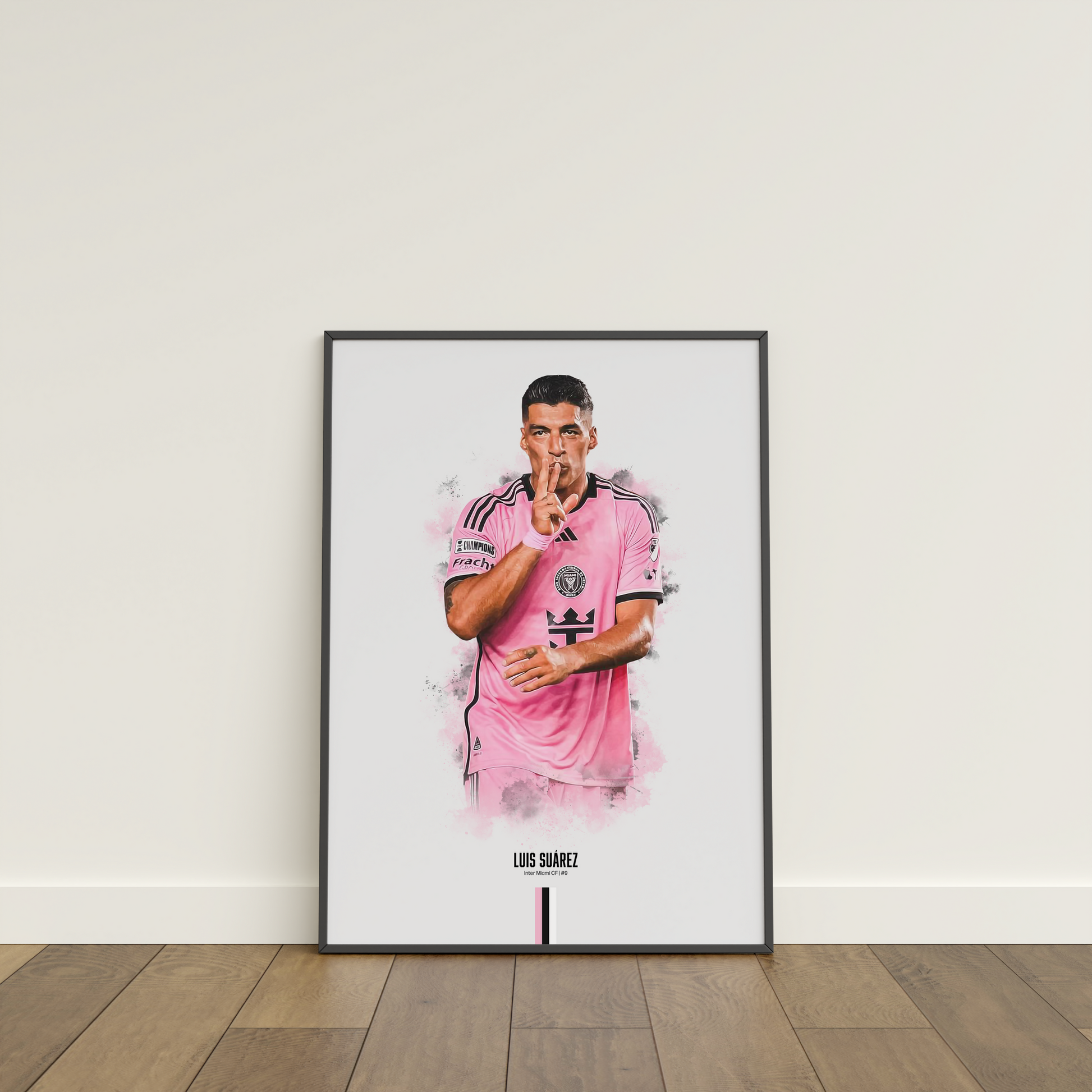 framed poster mockup of soccer player luis suarez leaning on a white wall