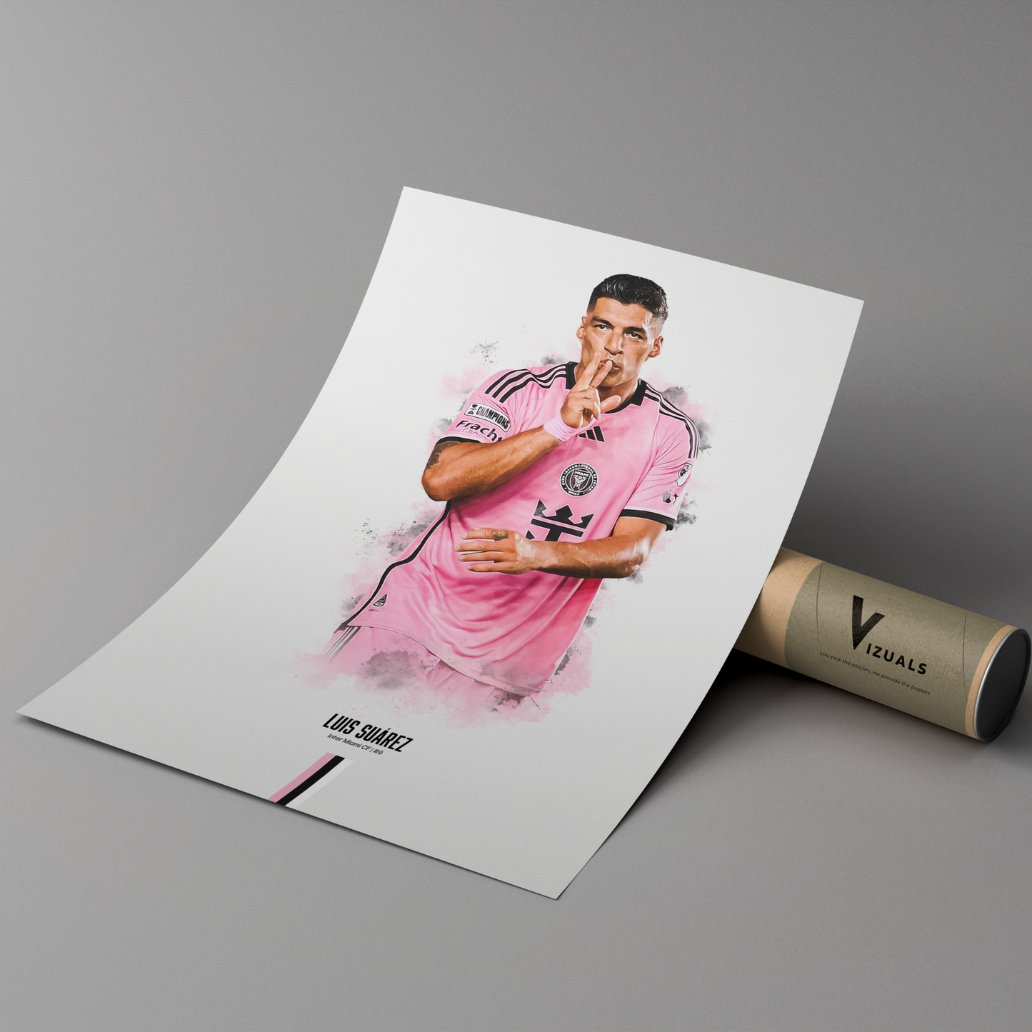 poster mockup of soccer player luis suarez leaning on a cardboard tube