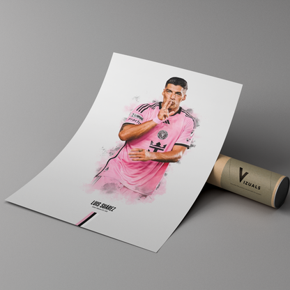 poster mockup of soccer player luis suarez leaning on a cardboard tube