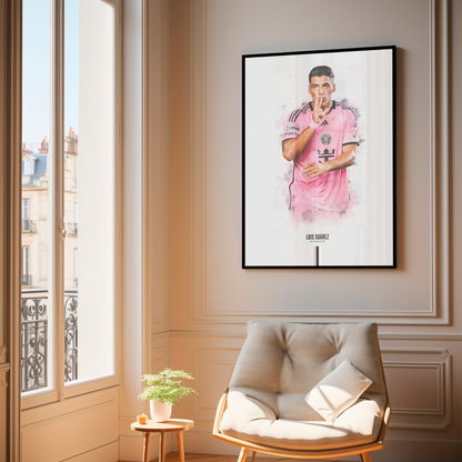 framed poster mockup of soccer player luis suarez hanging in a living room