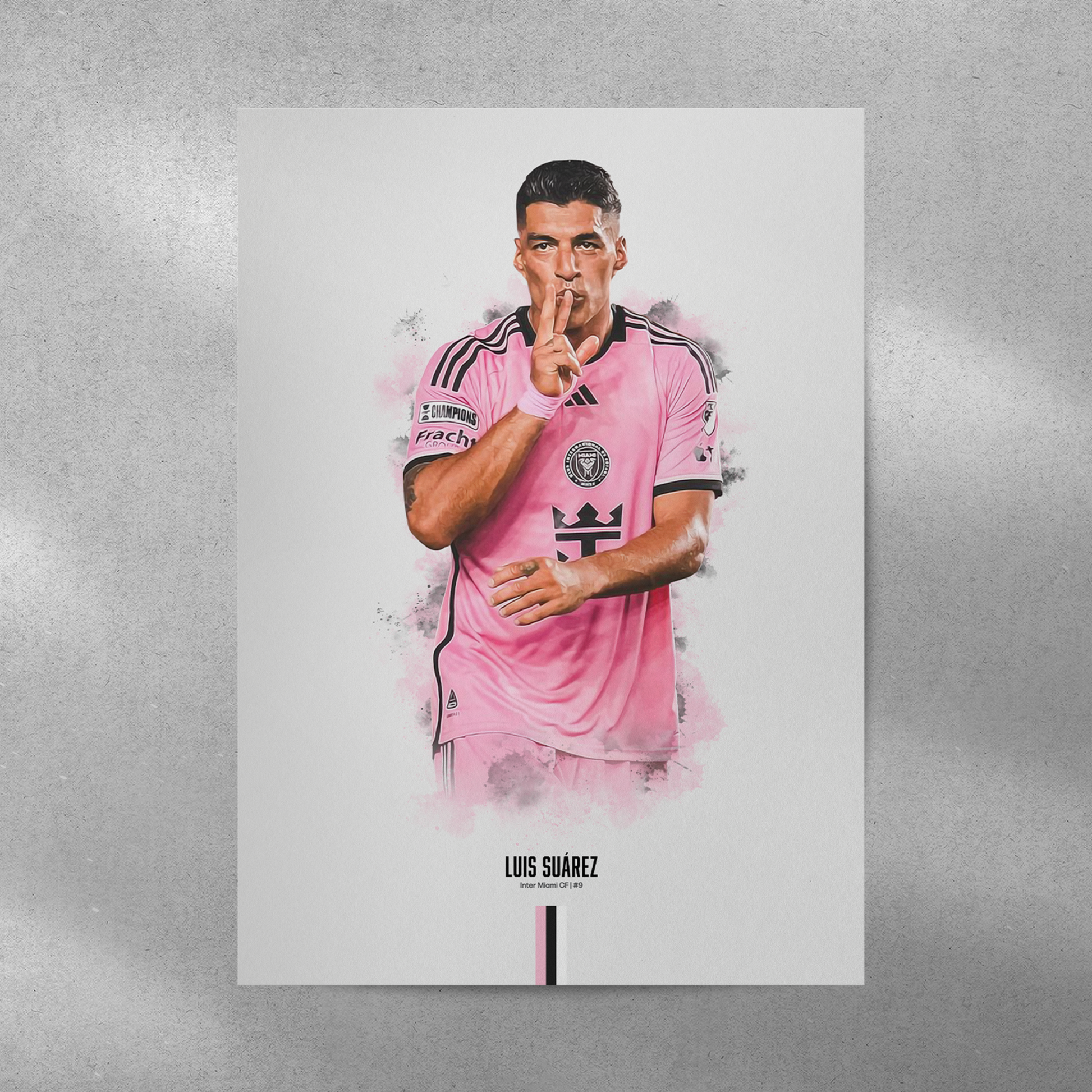 poster mockup of soccer player luis suarez on a grey wall