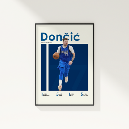 framed poster mockup of basketball player luka doncic hanging on a white wall