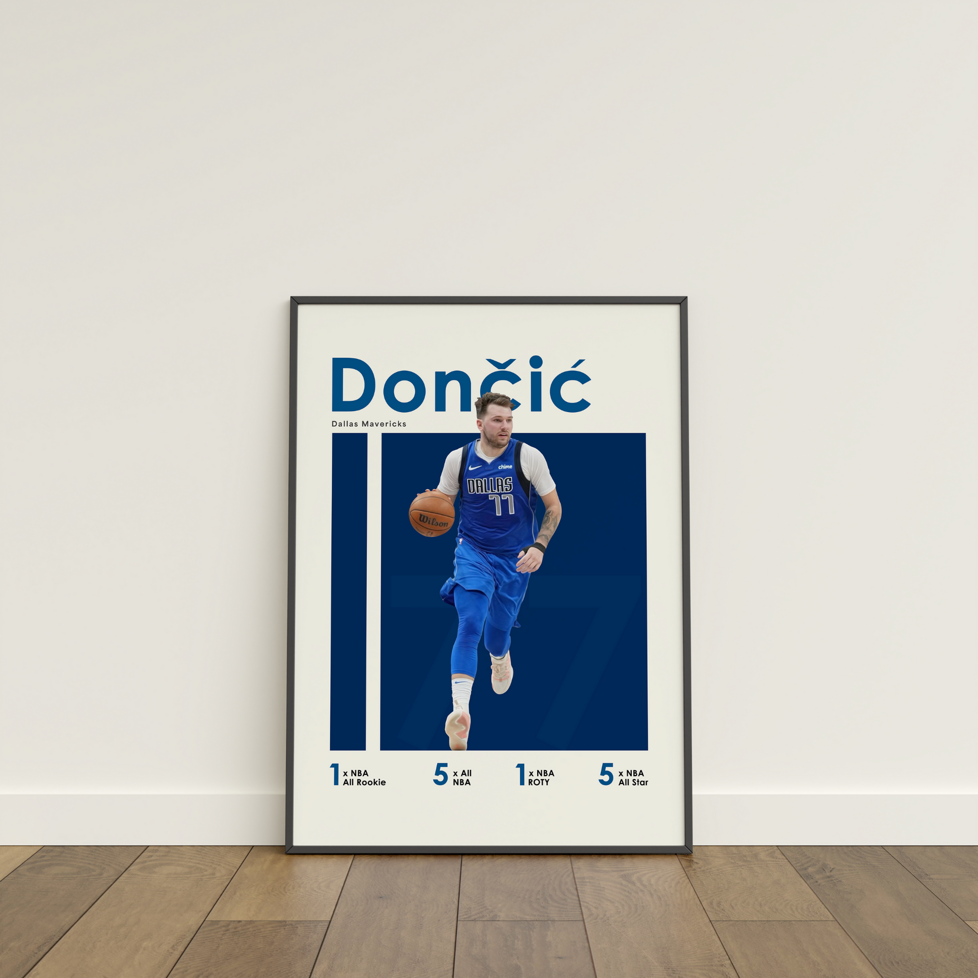 framed poster mockup of basketball player luka doncic leaning on a white wall