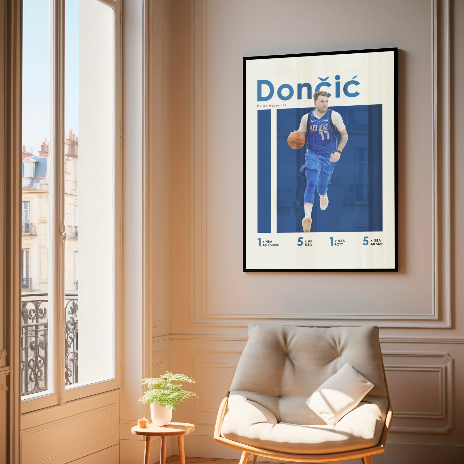 framed poster mockup of basketball player luka doncic hanging in a living room