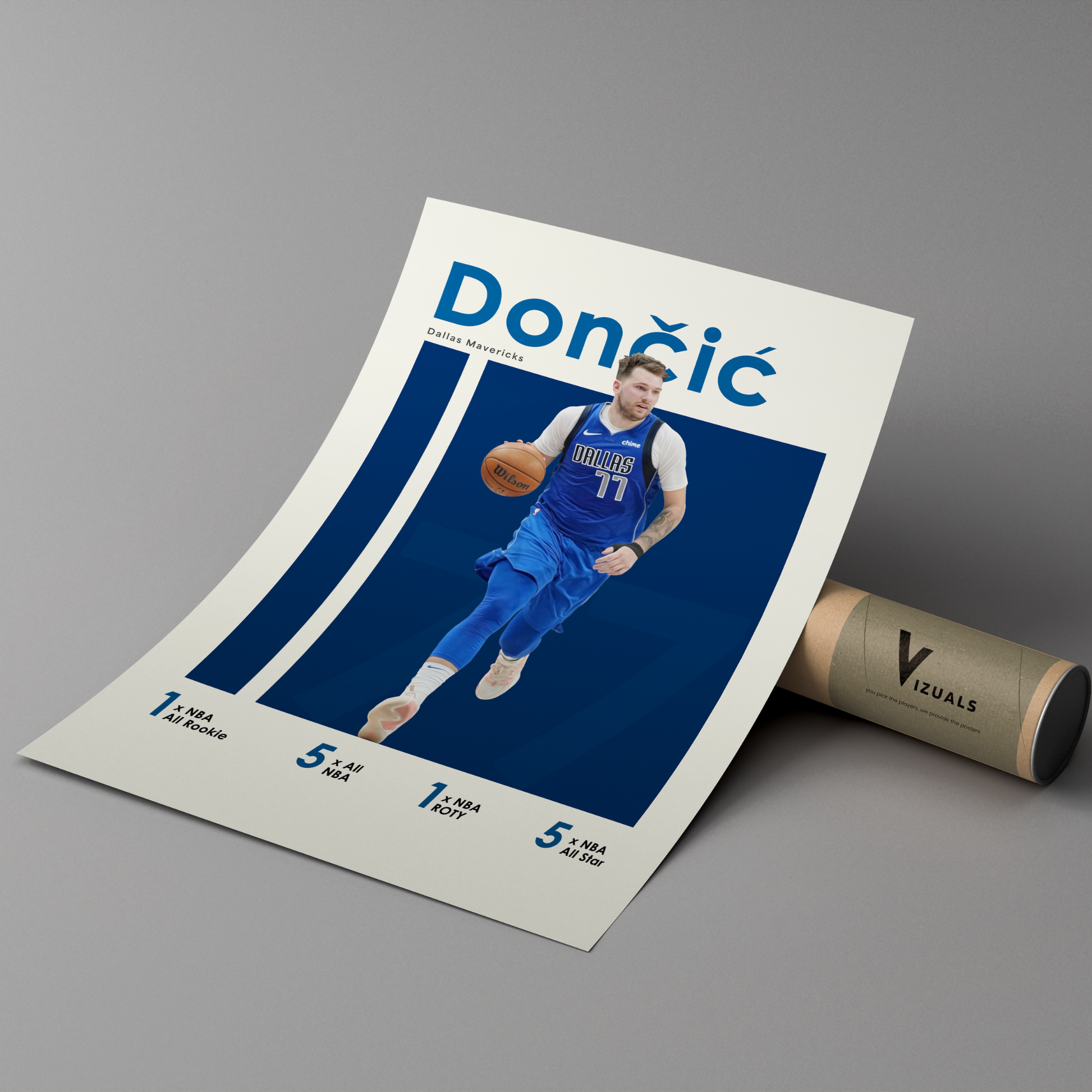 poster mockup of basketball player luka doncic leaning on a cardboard tube