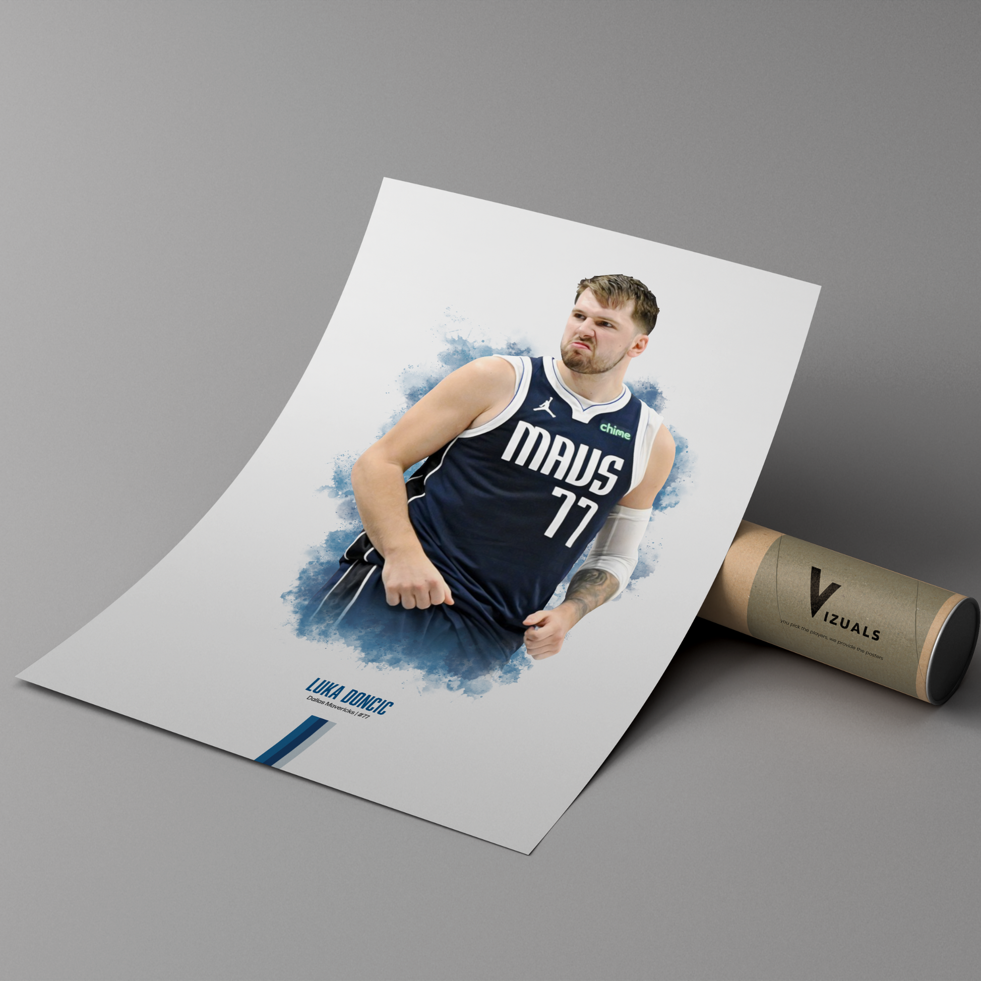 poster mockup of basketball player luka doncic leaning on a cardboard tube