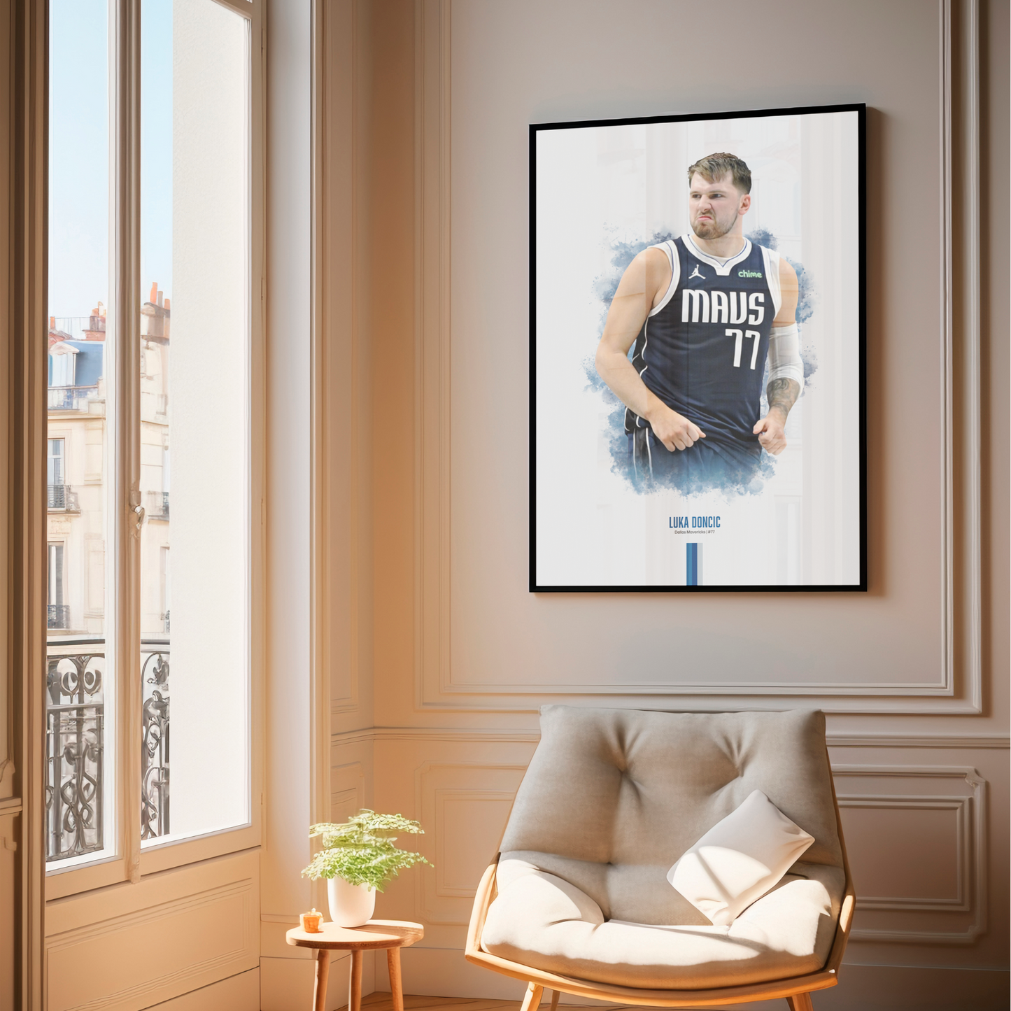 framed poster mockup of basketball player luka doncic hanging in a living room