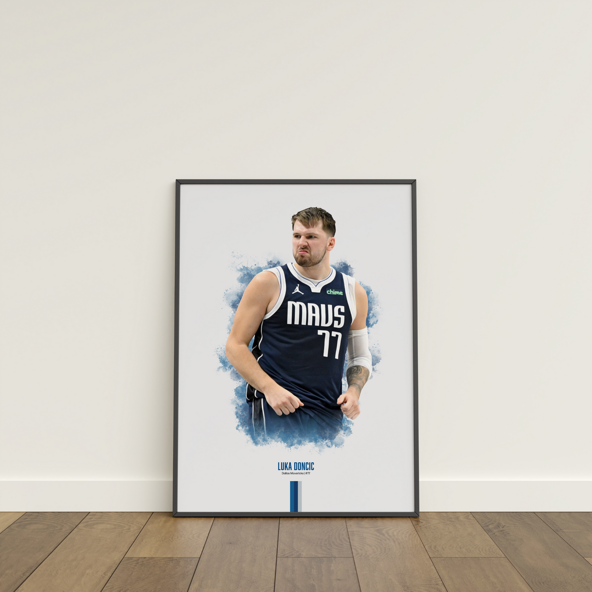 framed poster mockup of basketball player luka doncic leaning on a white wall