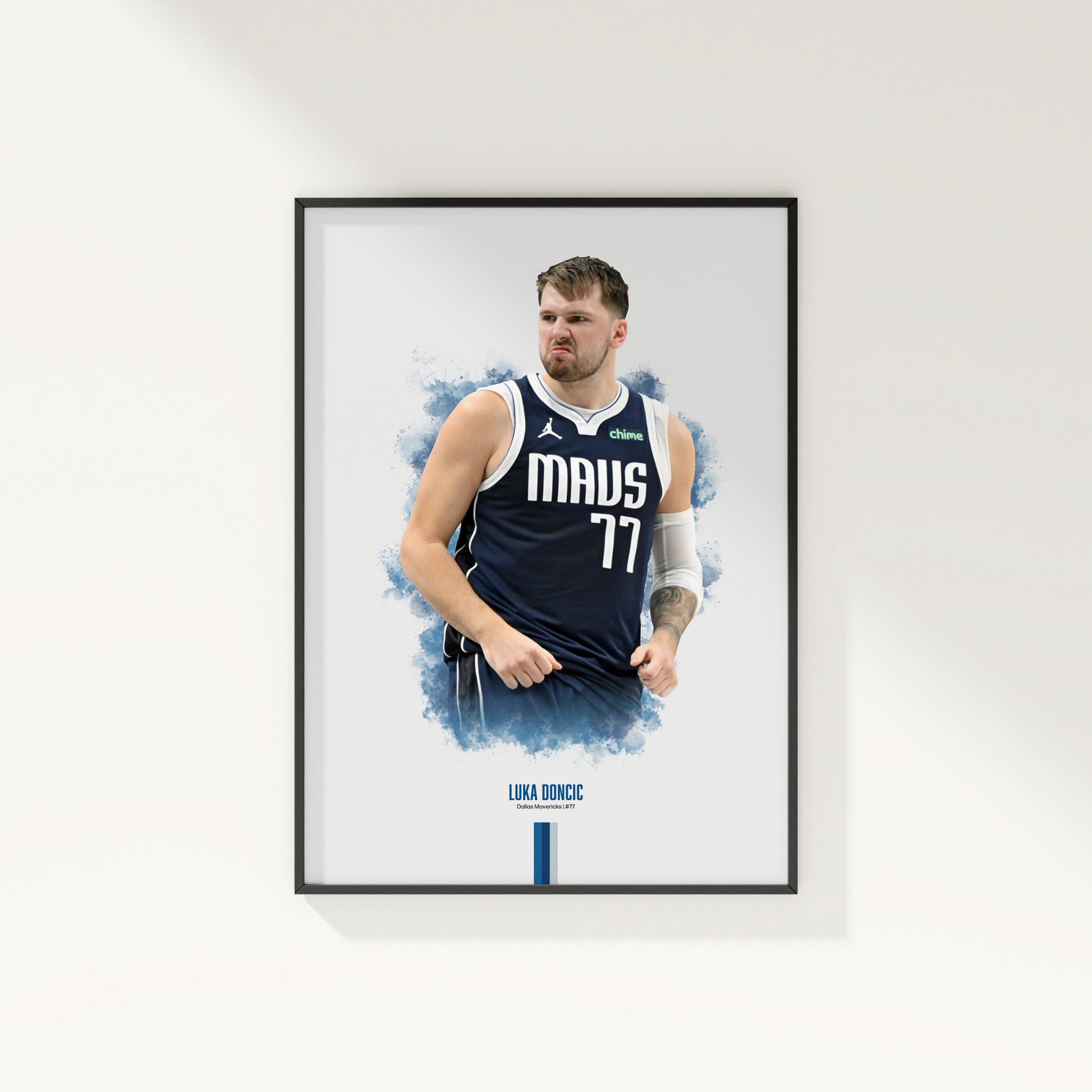 framed poster mockup of basketball player luka doncic hanging on a white wall