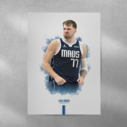 poster mockup of basketball player luka doncic on a grey wall