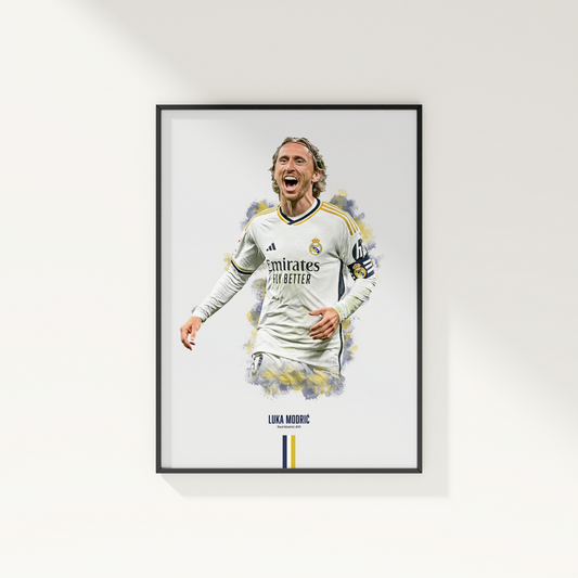 framed poster mockup of soccer player luka modric hanging on a white wall