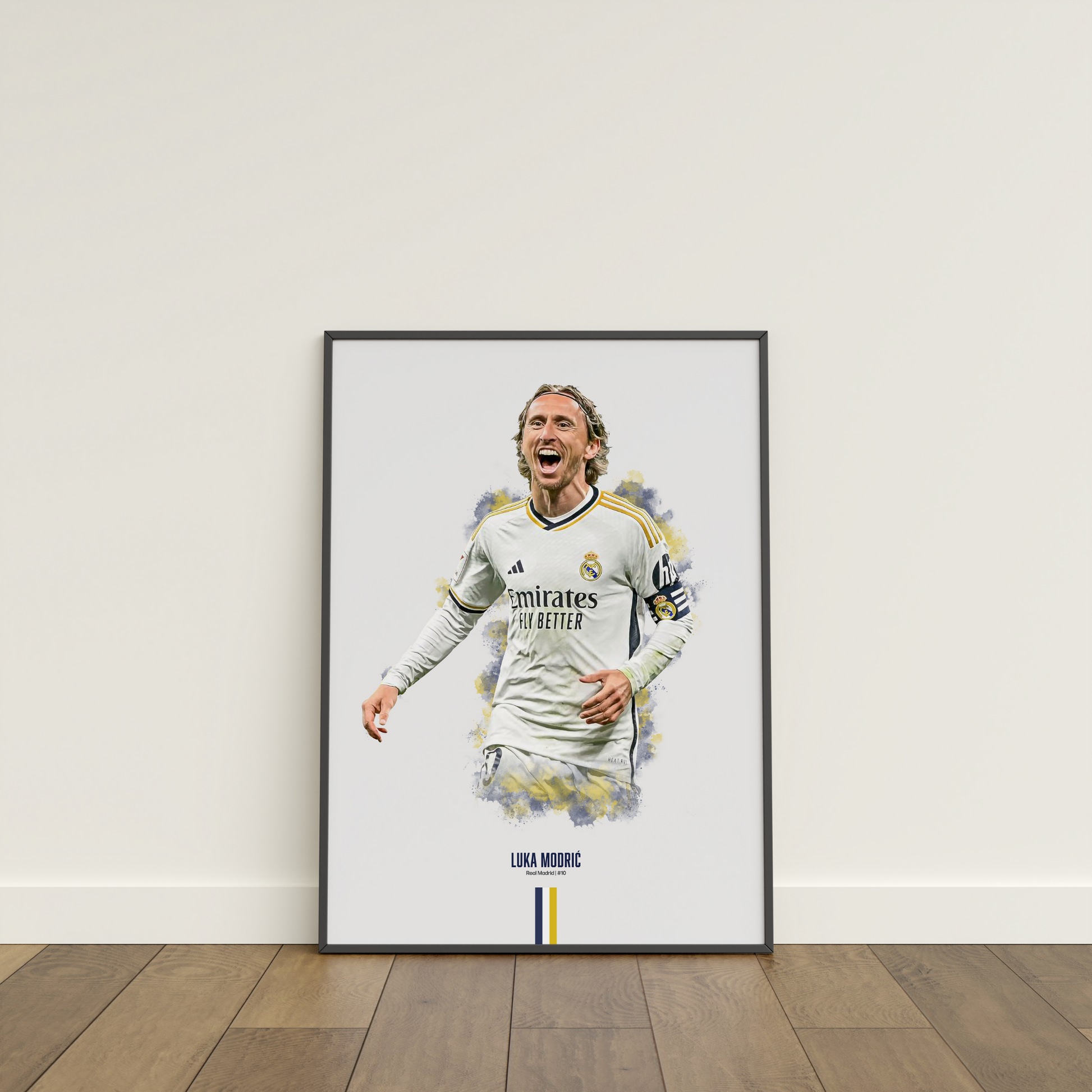 framed poster mockup of soccer player luka modric leaning on a white wall