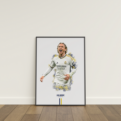 framed poster mockup of soccer player luka modric leaning on a white wall