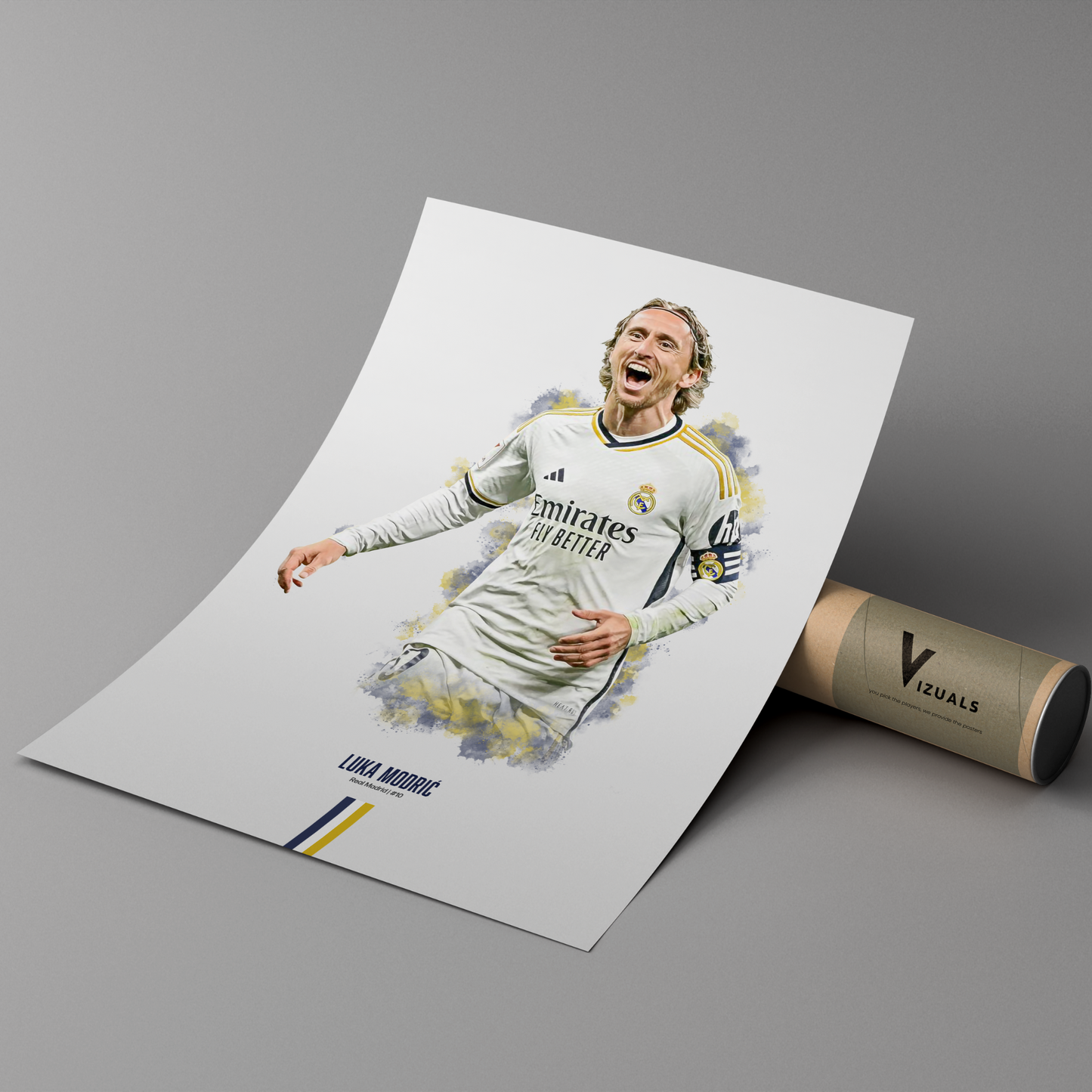 poster mockup of soccer player luka modric leaning on a cardboard tube