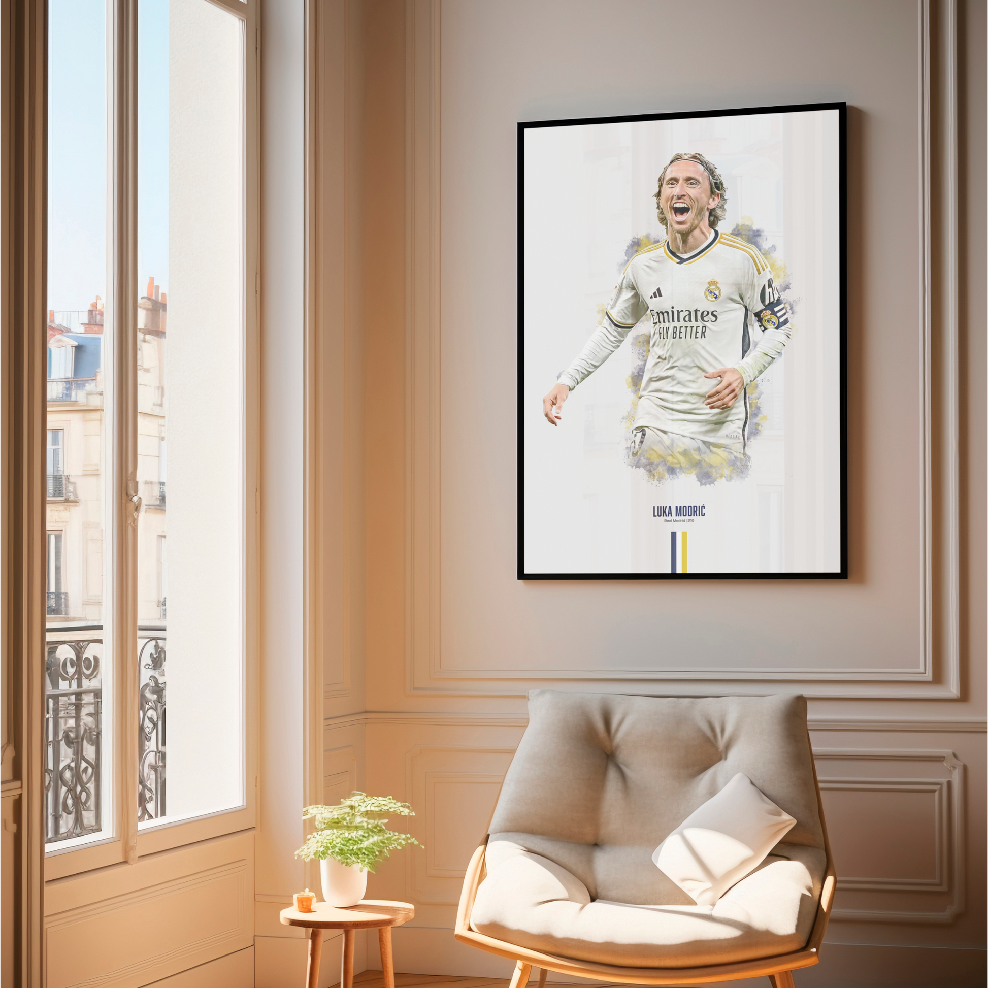 framed poster mockup of soccer player luka modric hanging in a living room