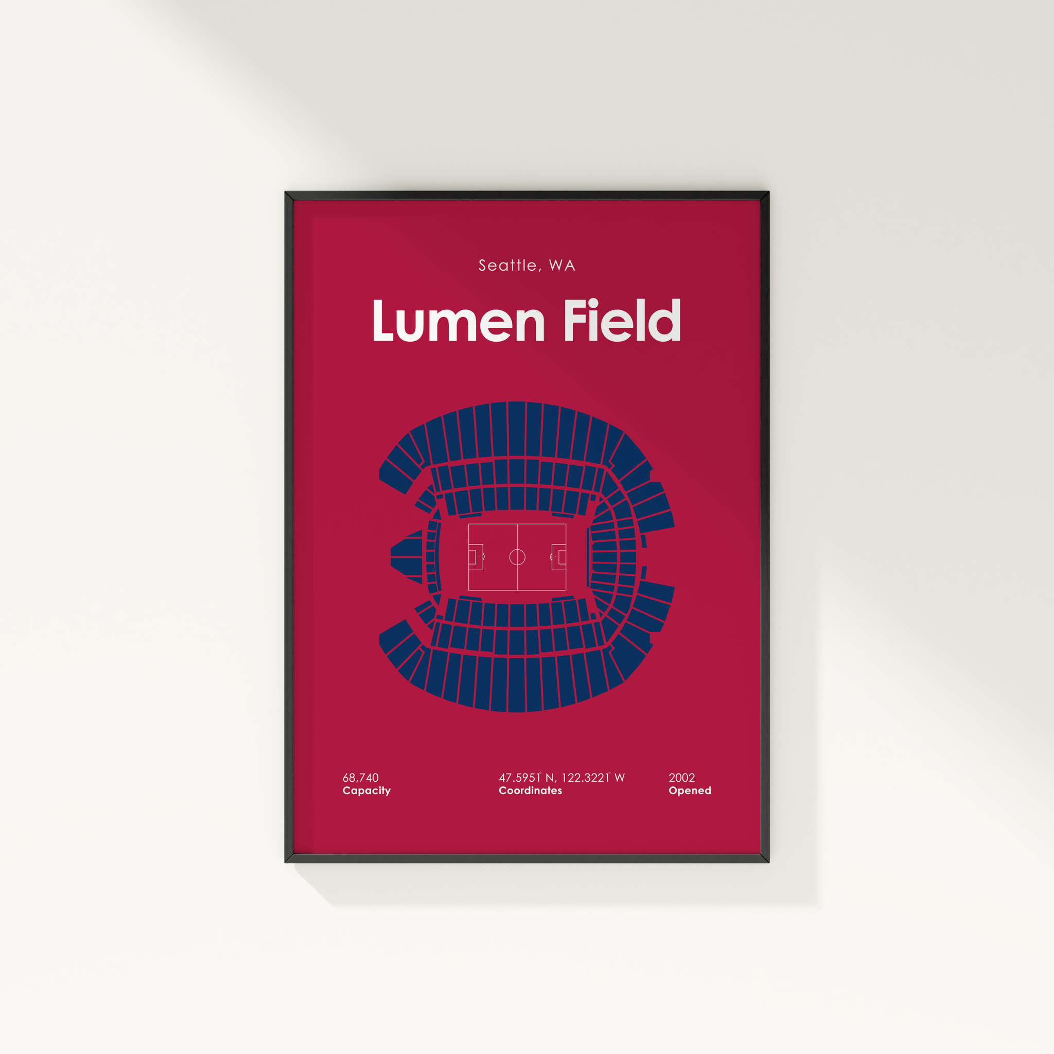 Framed poster of Lumen Field layout with red background and black frame.