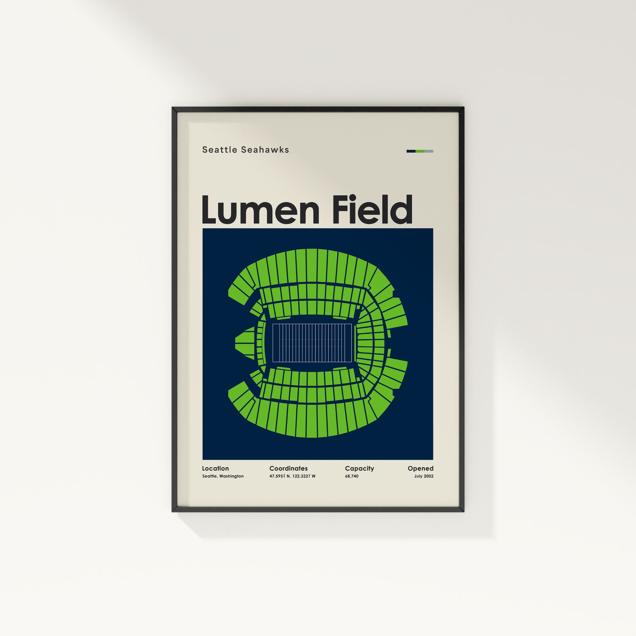 Framed poster of Lumen Field with green seating layout on a blue background