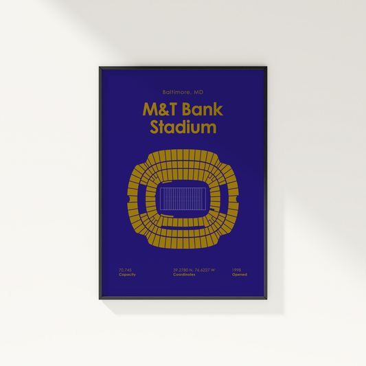Framed poster of Mét Bank Stadium with blue background and yellow stadium illustration.