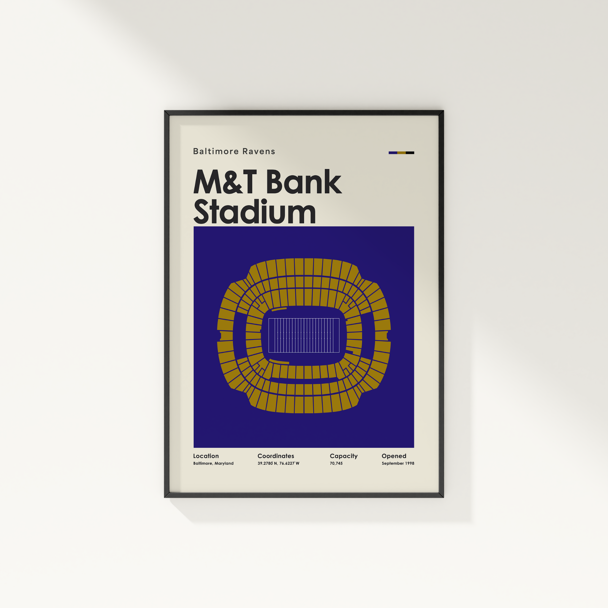 Framed poster of Mét Bank Stadium with Baltimore Ravens text on a white background