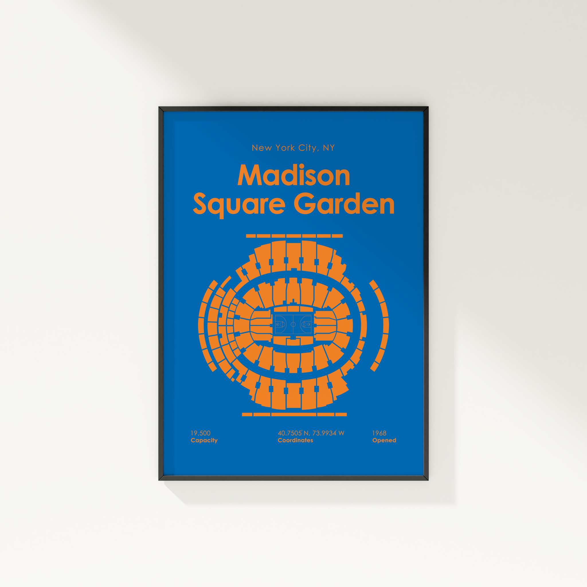 Framed poster of Madison Square Garden with blue background and orange text