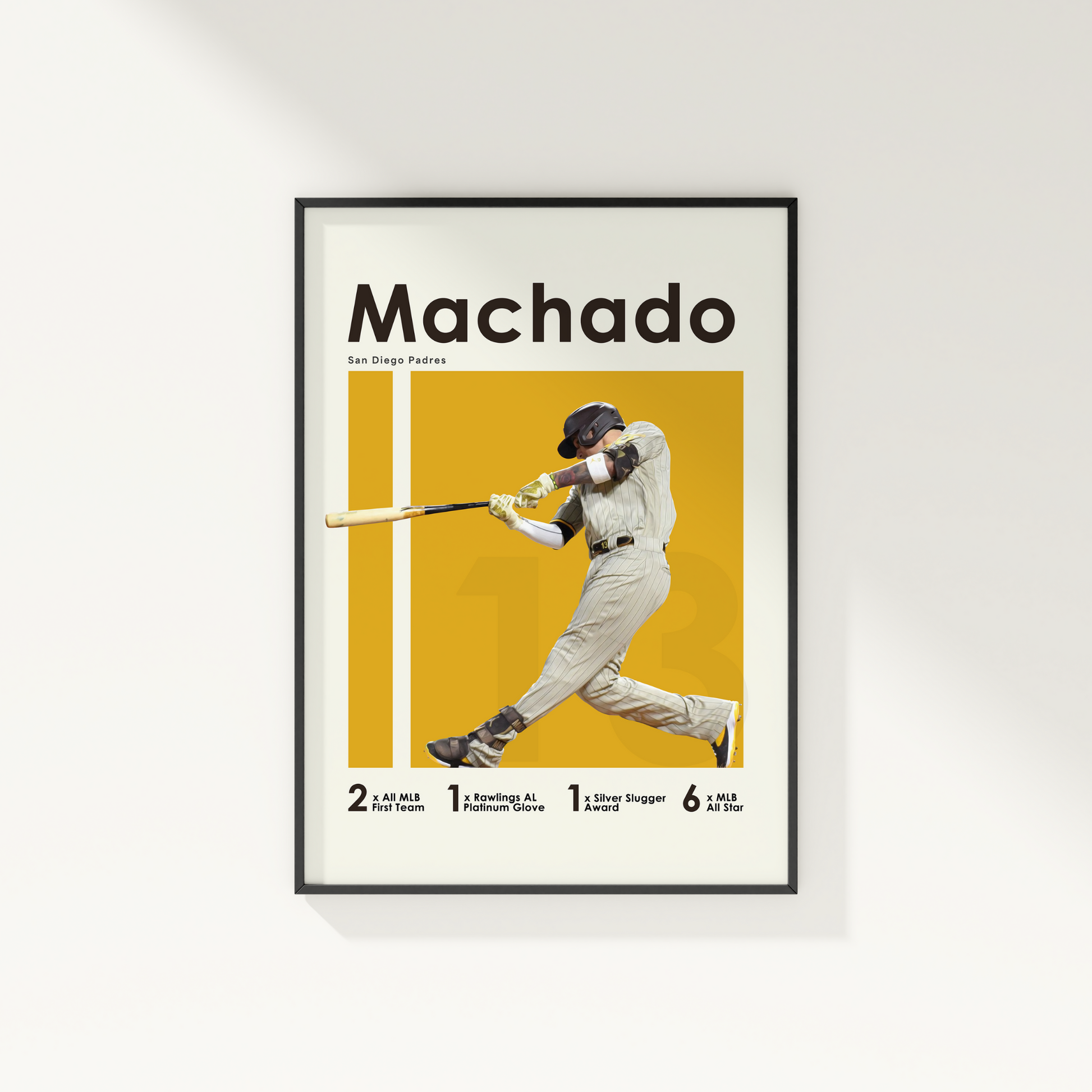 framed poster mockup of baseball player manny machado hanging on a white wall