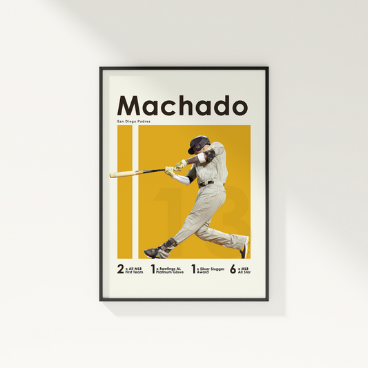 framed poster mockup of baseball player manny machado hanging on a white wall