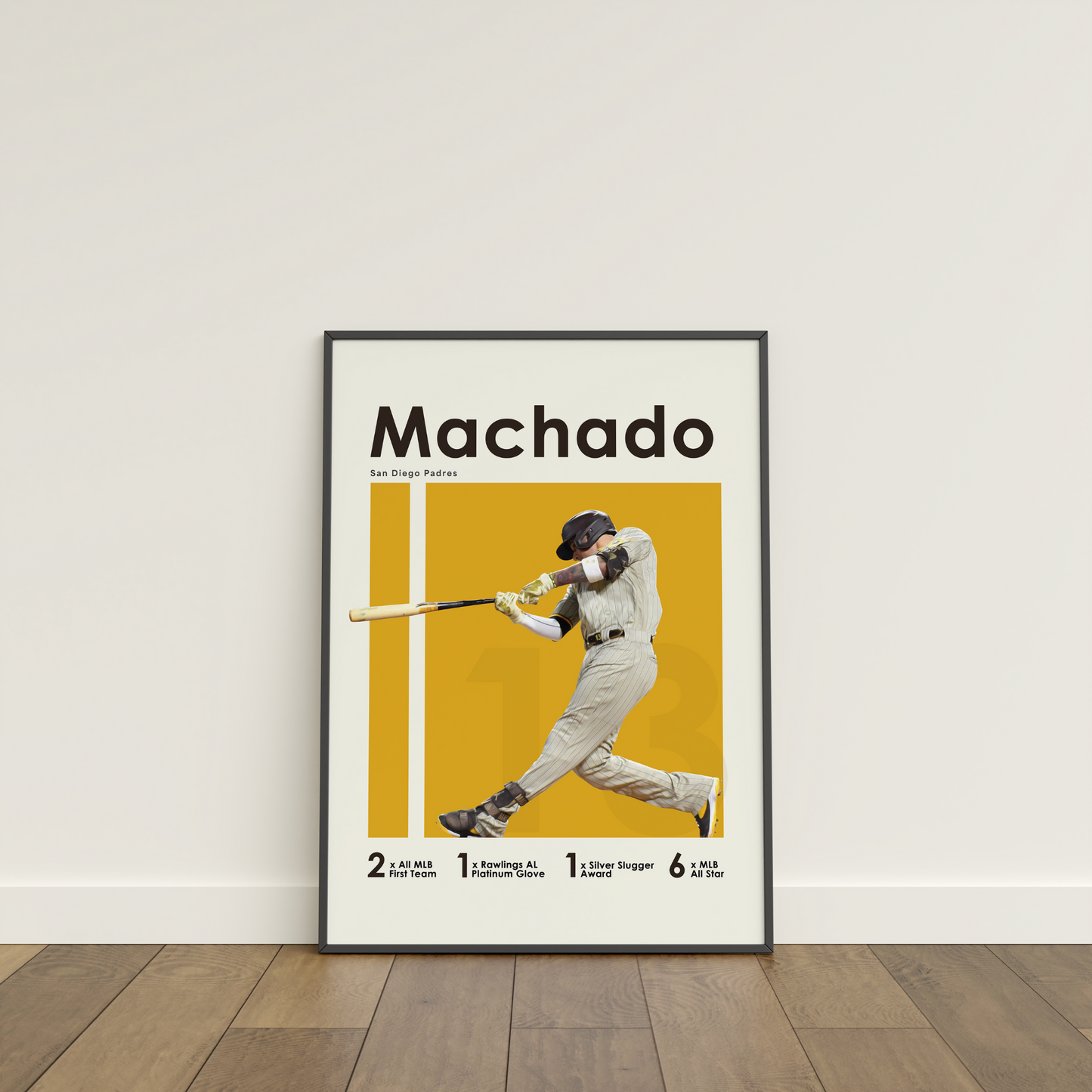 framed poster mockup of baseball player manny machado leaning on a white wall