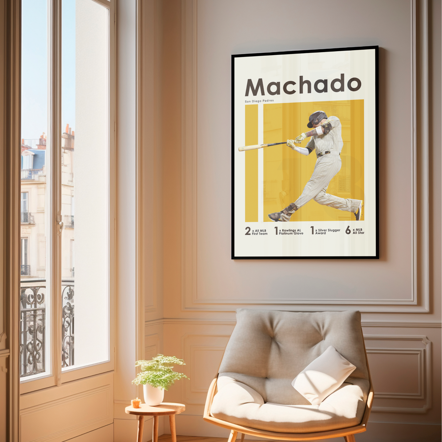 framed poster mockup of baseball player manny machado hanging in a living room