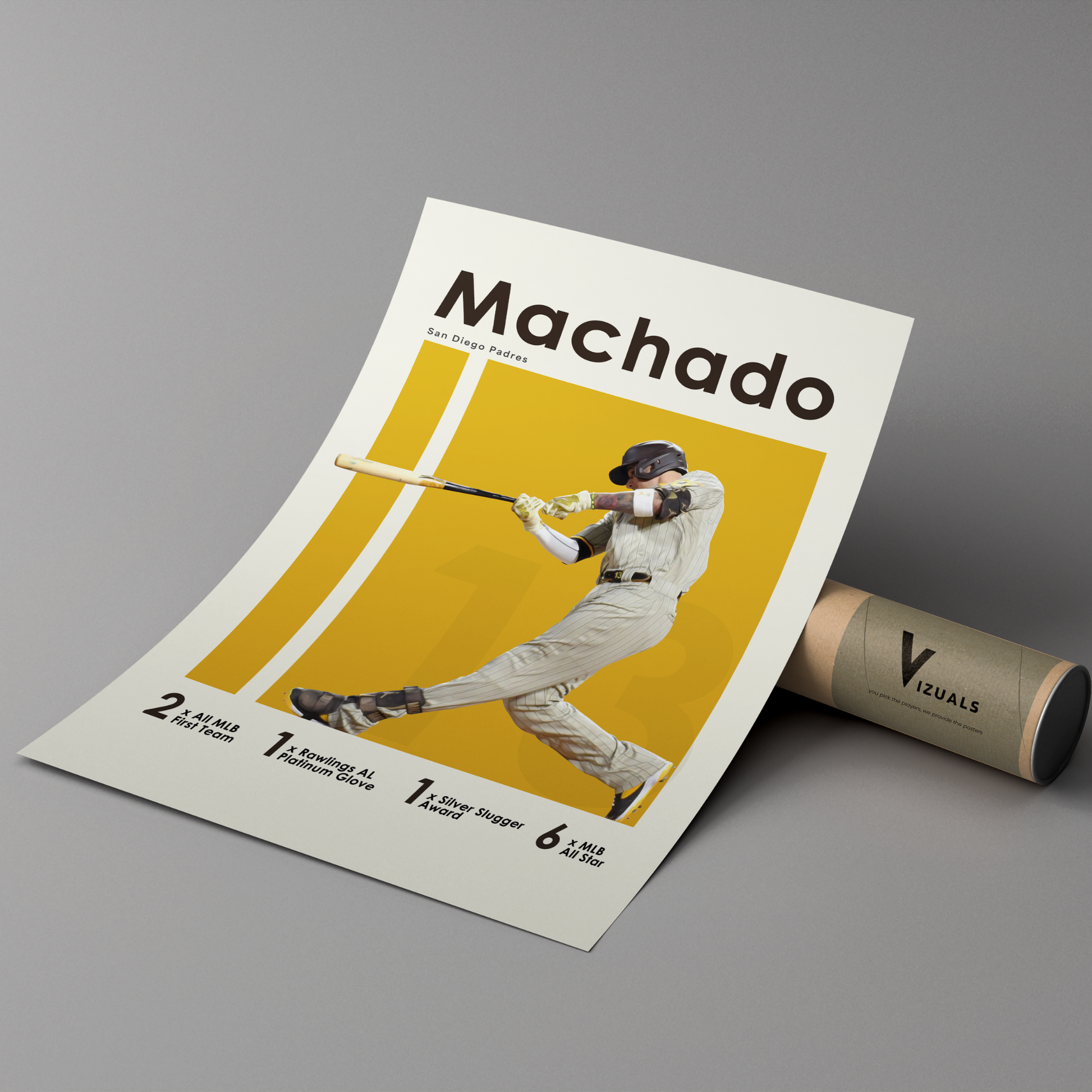 poster mockup of baseball player manny machado leaning on a cardboard tube