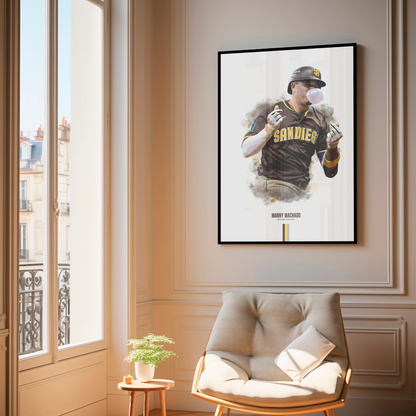 framed poster mockup of baseball player manny machado hanging in a living room