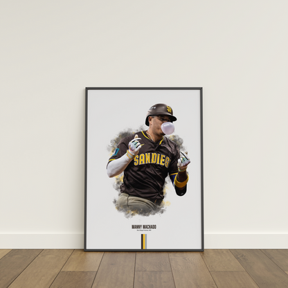 framed poster mockup of baseball player manny machado leaning on a white wall