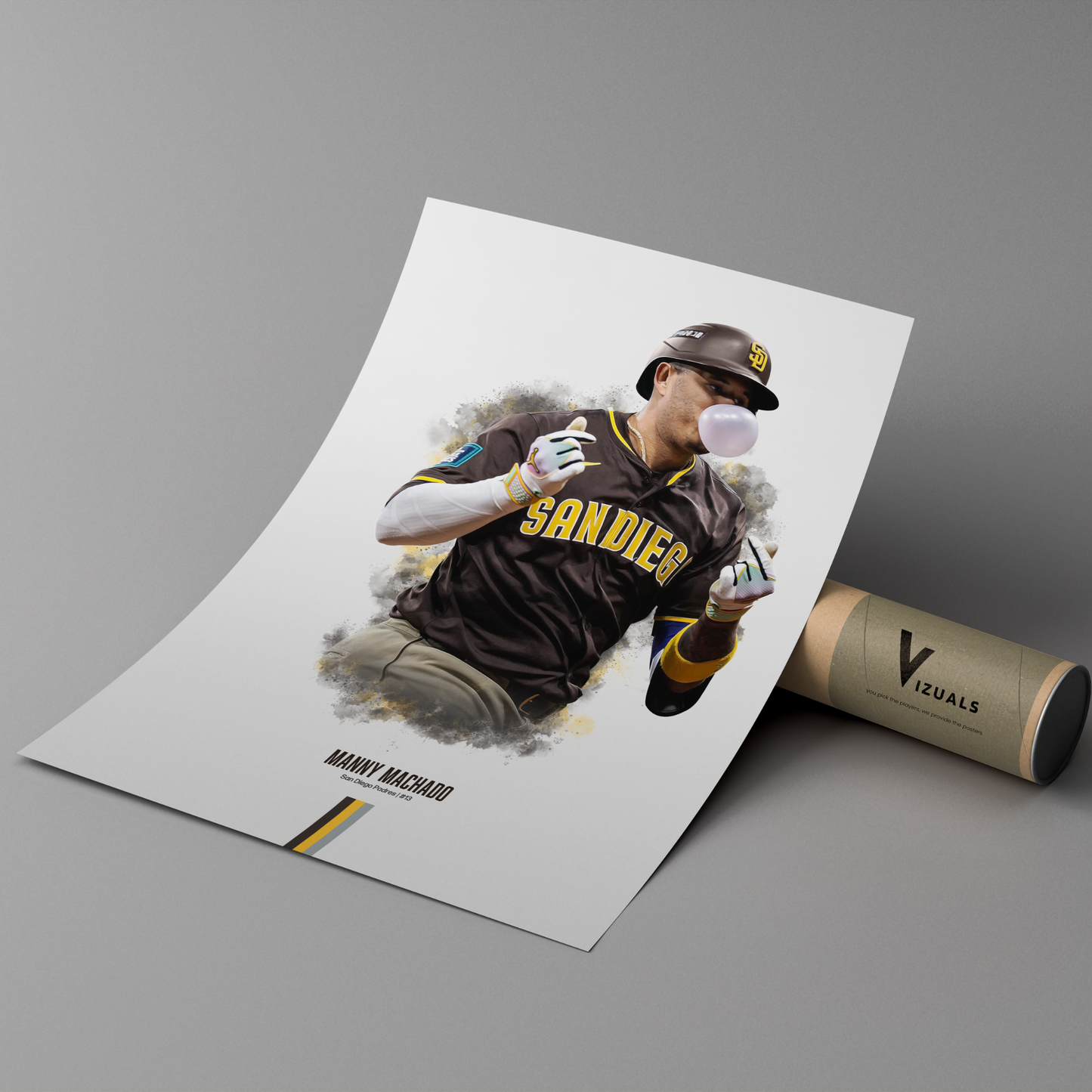 poster mockup of baseball player manny machado leaning on a cardboard tube