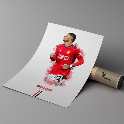 poster mockup of soccer player marcus rashford leaning on a cardboard tube