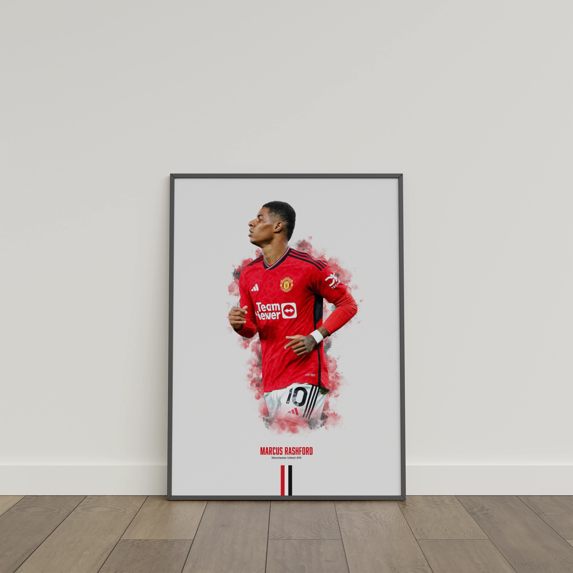 framed poster mockup of soccer player marcus rashford leaning on a white wall