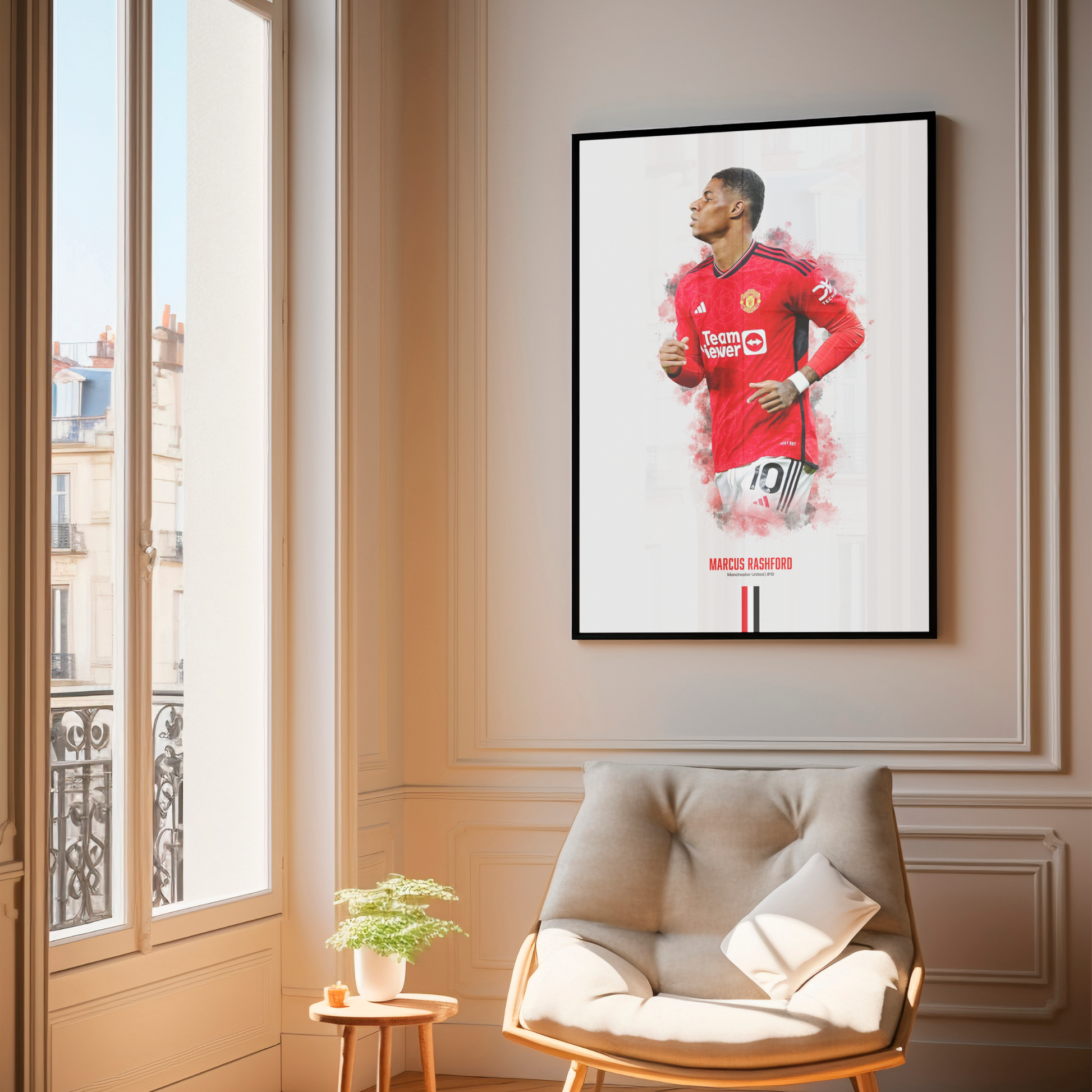 framed poster mockup of soccer player marcus rashford hanging in a living room