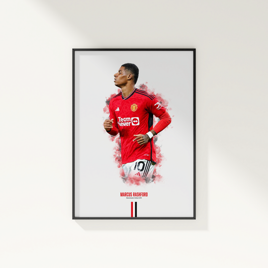 framed poster mockup of soccer player marcus rashford hanging on a white wall