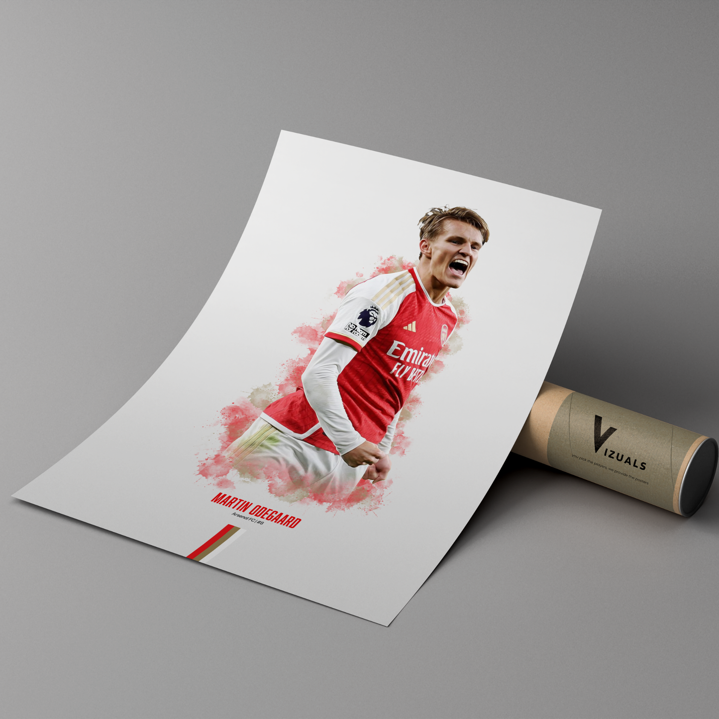 poster mockup of soccer player martin odegaard leaning on a cardboard tube