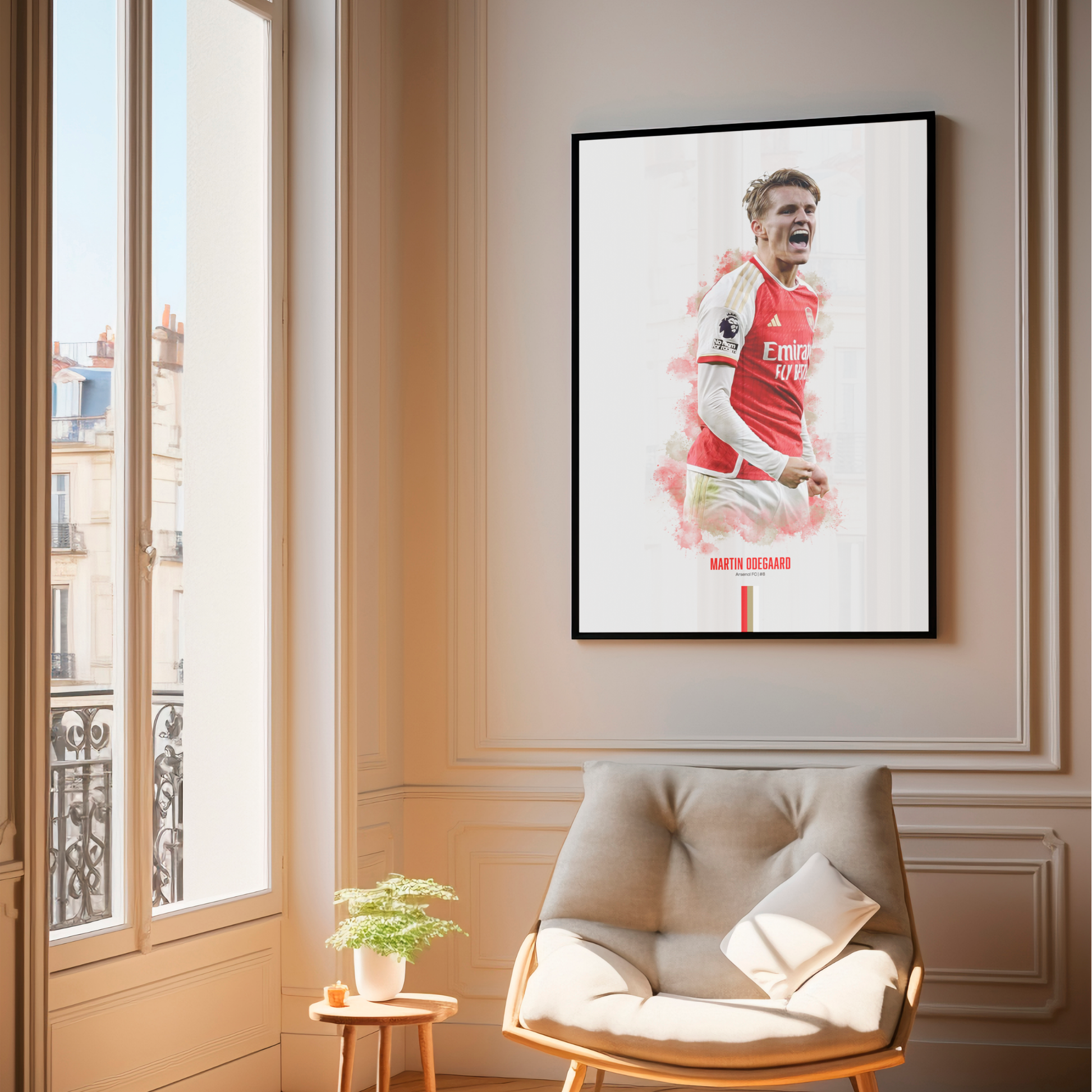 framed poster mockup of soccer player martin odegaard hanging in a living room